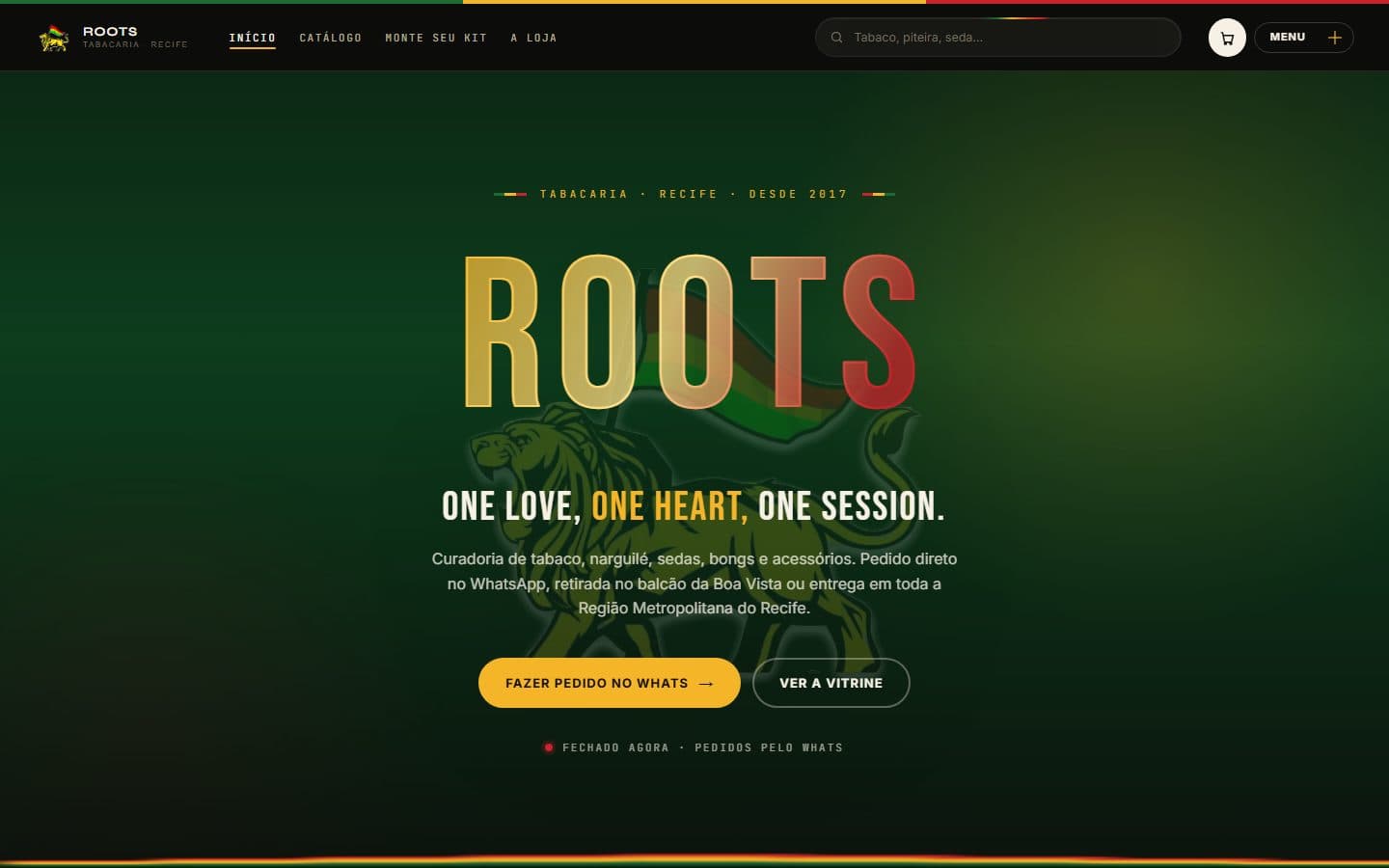 Página inicial do site Roots Tabacaria no computador
